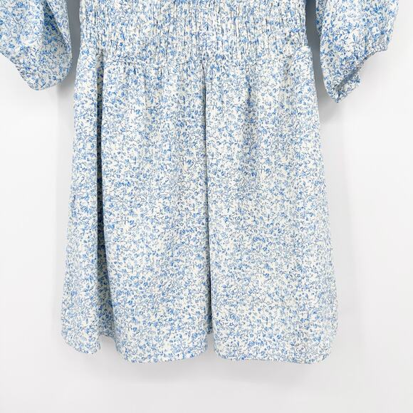Baltic Born Koa Short Dress Blue Cream Ditsy Floral Smocked Waist Womens Sz S - Picture 5 of 12